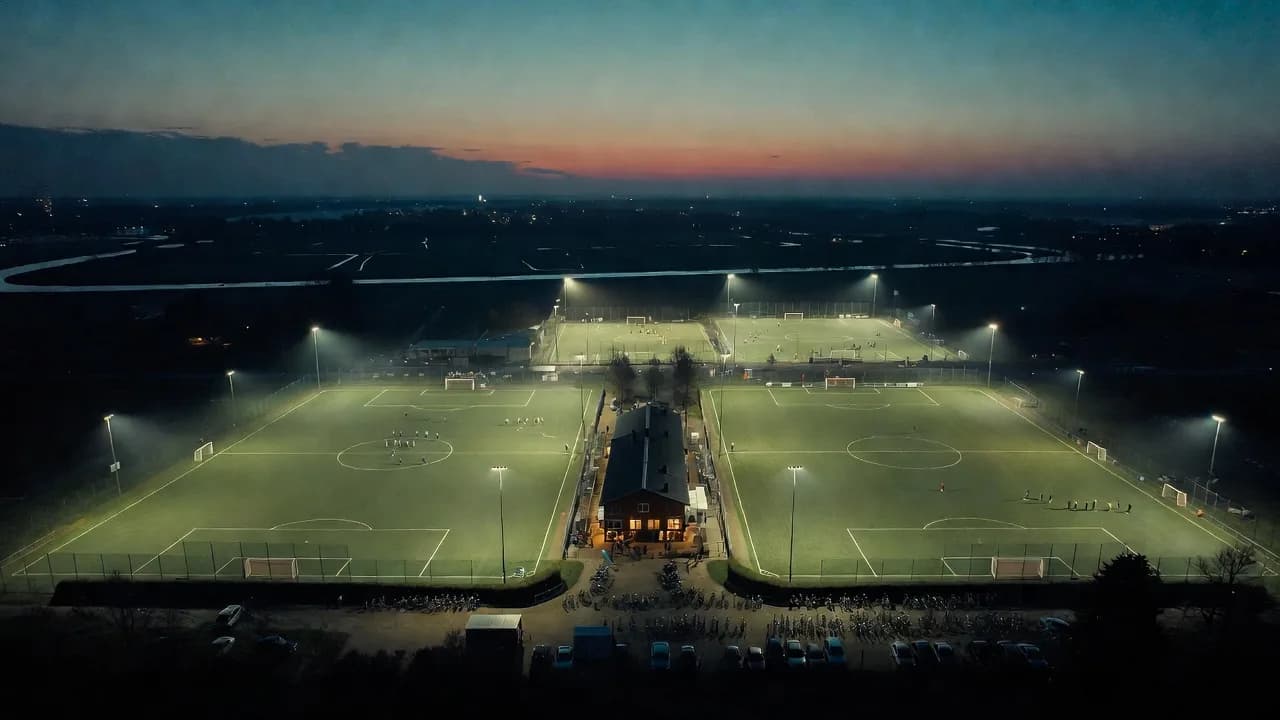 Luchtfoto van een verlicht voetbalcomplex met meerdere velden in de avond