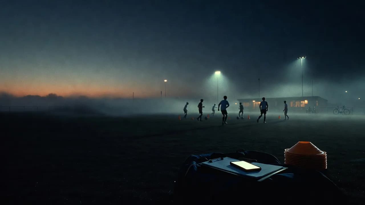 Jeugdtraining in de avondschemering bij een amateurvoetbalclub