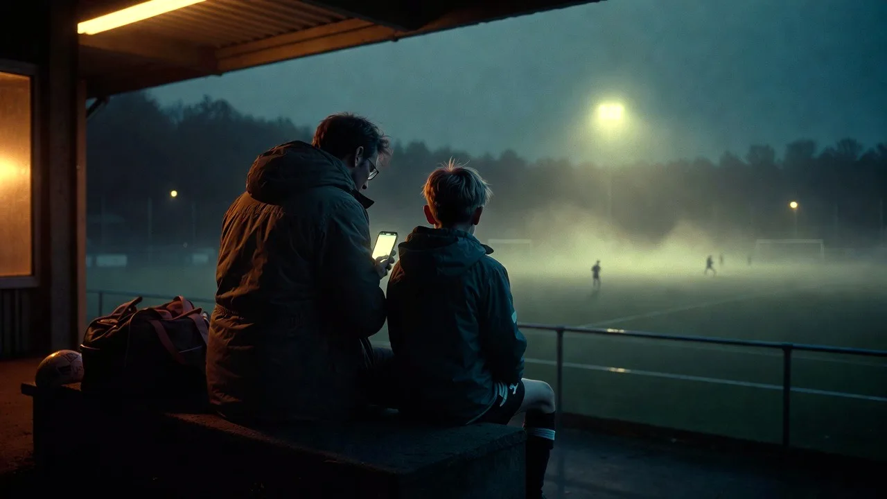 Ouder en kind bekijken samen het ouderportaal op een telefoon langs het voetbalveld