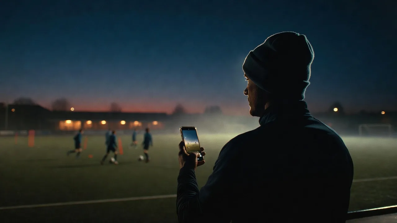 Jeugdtrainer bekijkt trainingsgegevens op zijn telefoon langs de zijlijn